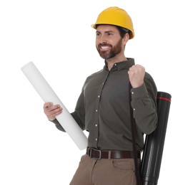 Architect in hard hat with drawing tube and draft on white background