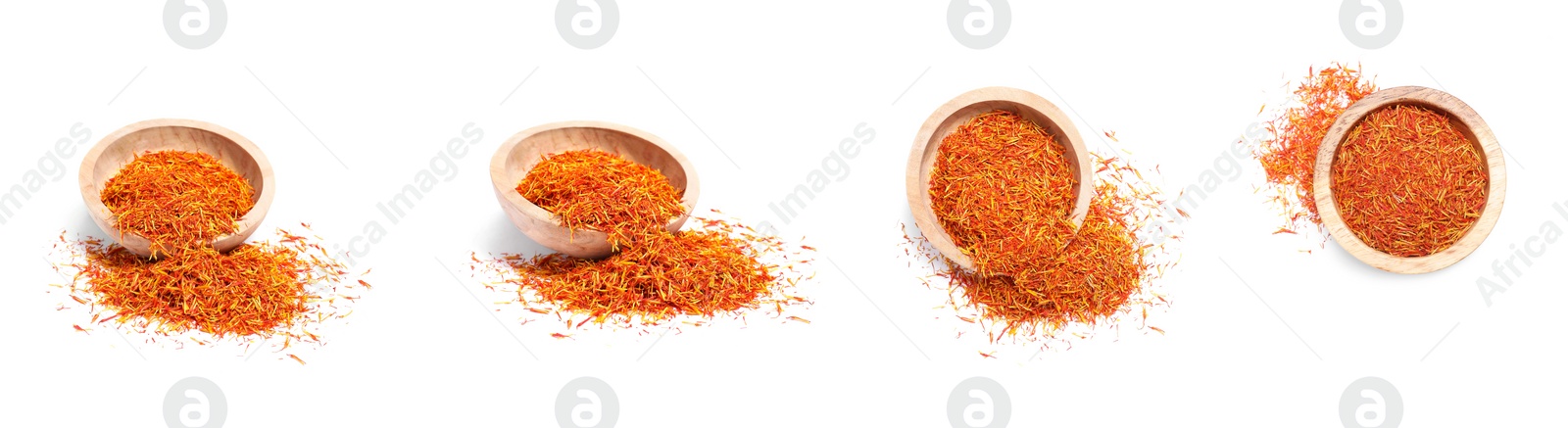 Image of Aromatic saffron and wooden bowl isolated on white, set