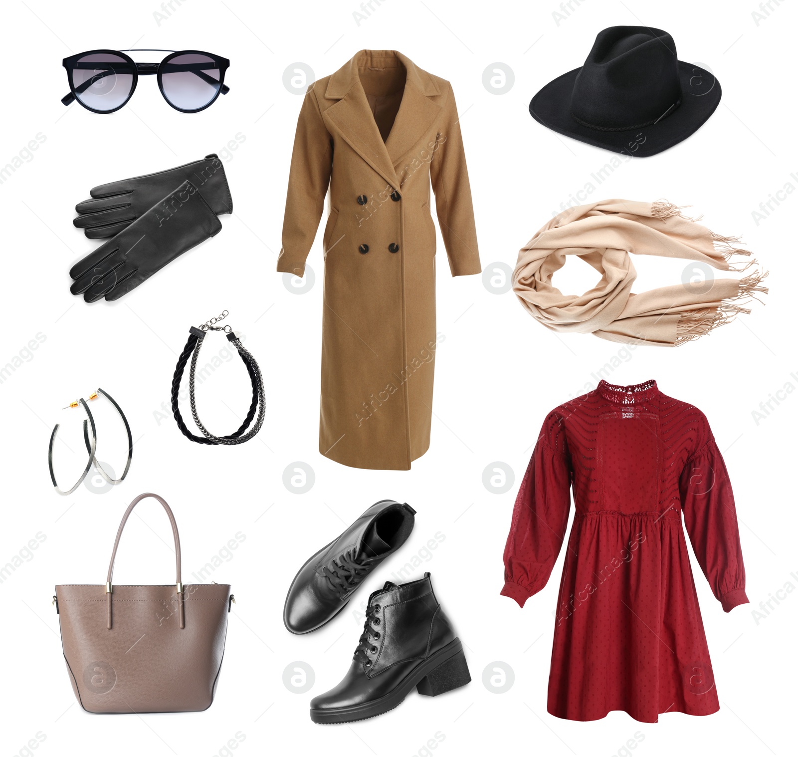 Image of Stylish look. Collage with modern clothes, gloves and other accessories for woman on white background