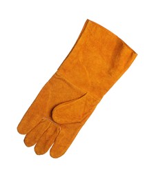 Photo of Orange protective gloves isolated on white. Safety equipment