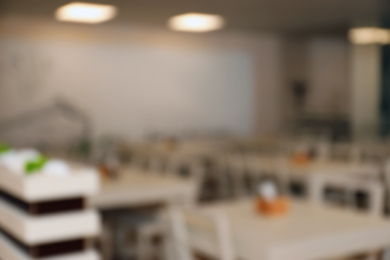 Blurred view of modern school canteen with new furniture