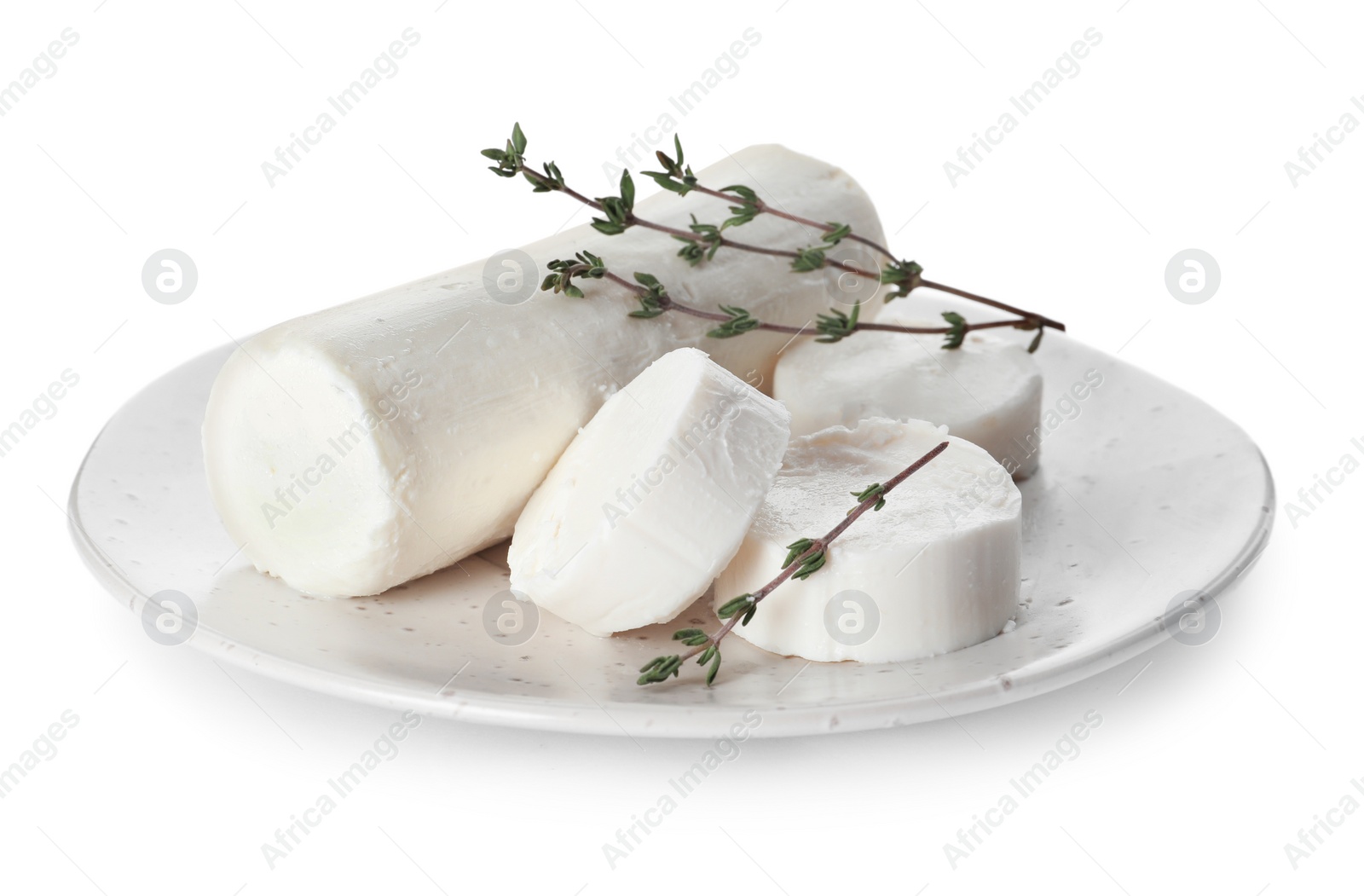 Photo of Delicious goat cheese with thyme on white background