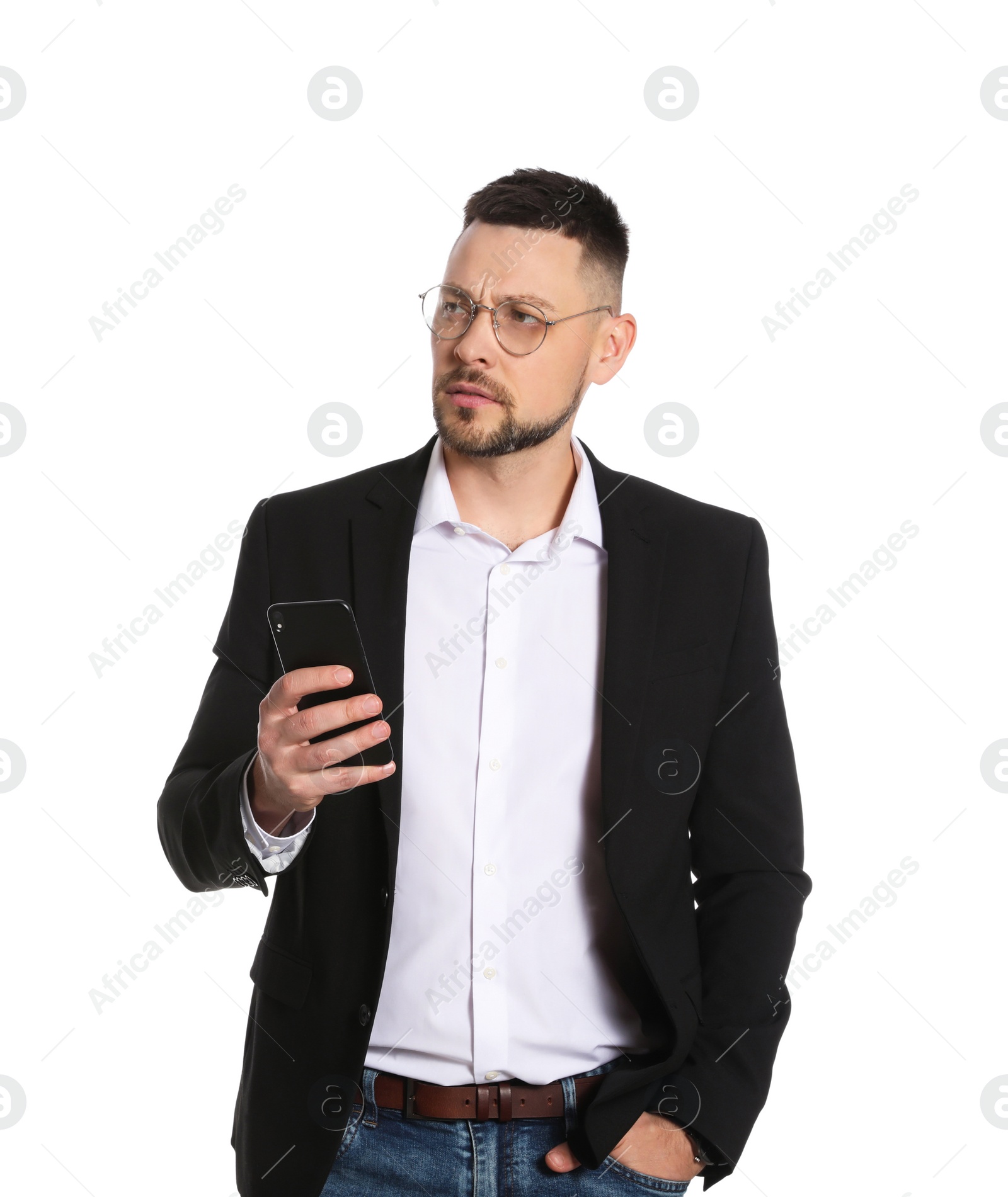 Photo of Businessman in glasses with smartphone on white background