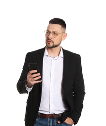 Businessman in glasses with smartphone on white background