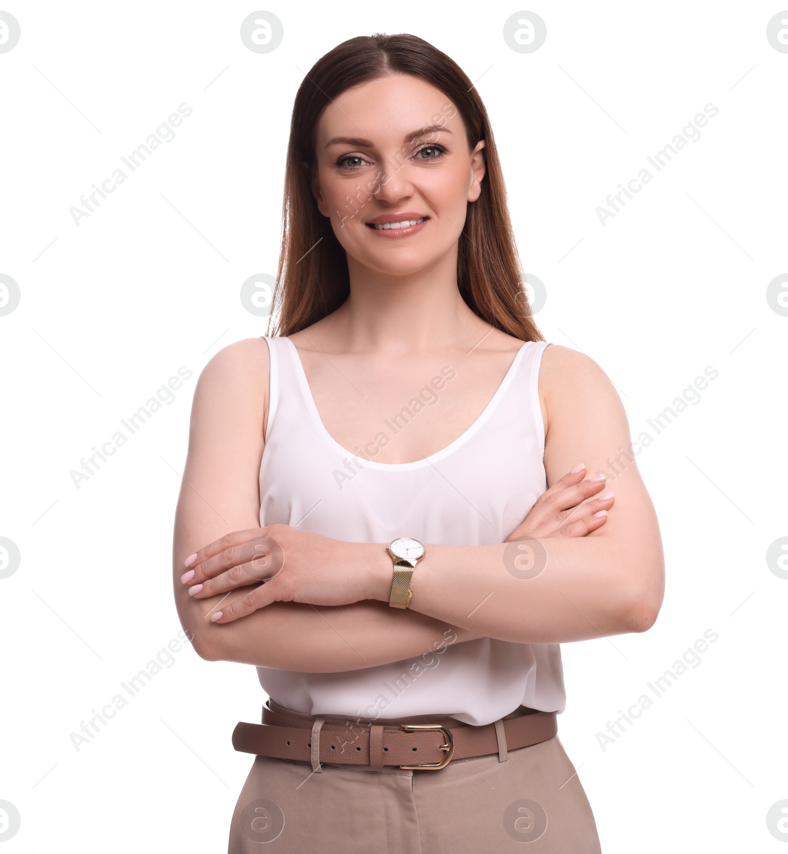 Photo of Beautiful happy businesswoman crossing arms on white background