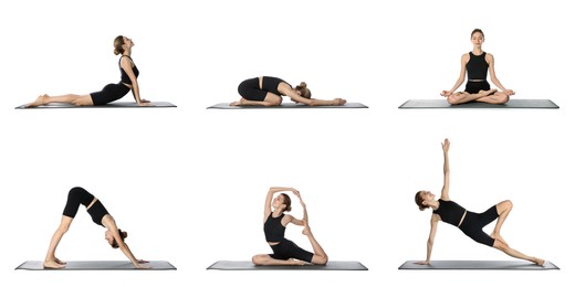 Young woman practicing yoga on white background, collage. Banner design 
