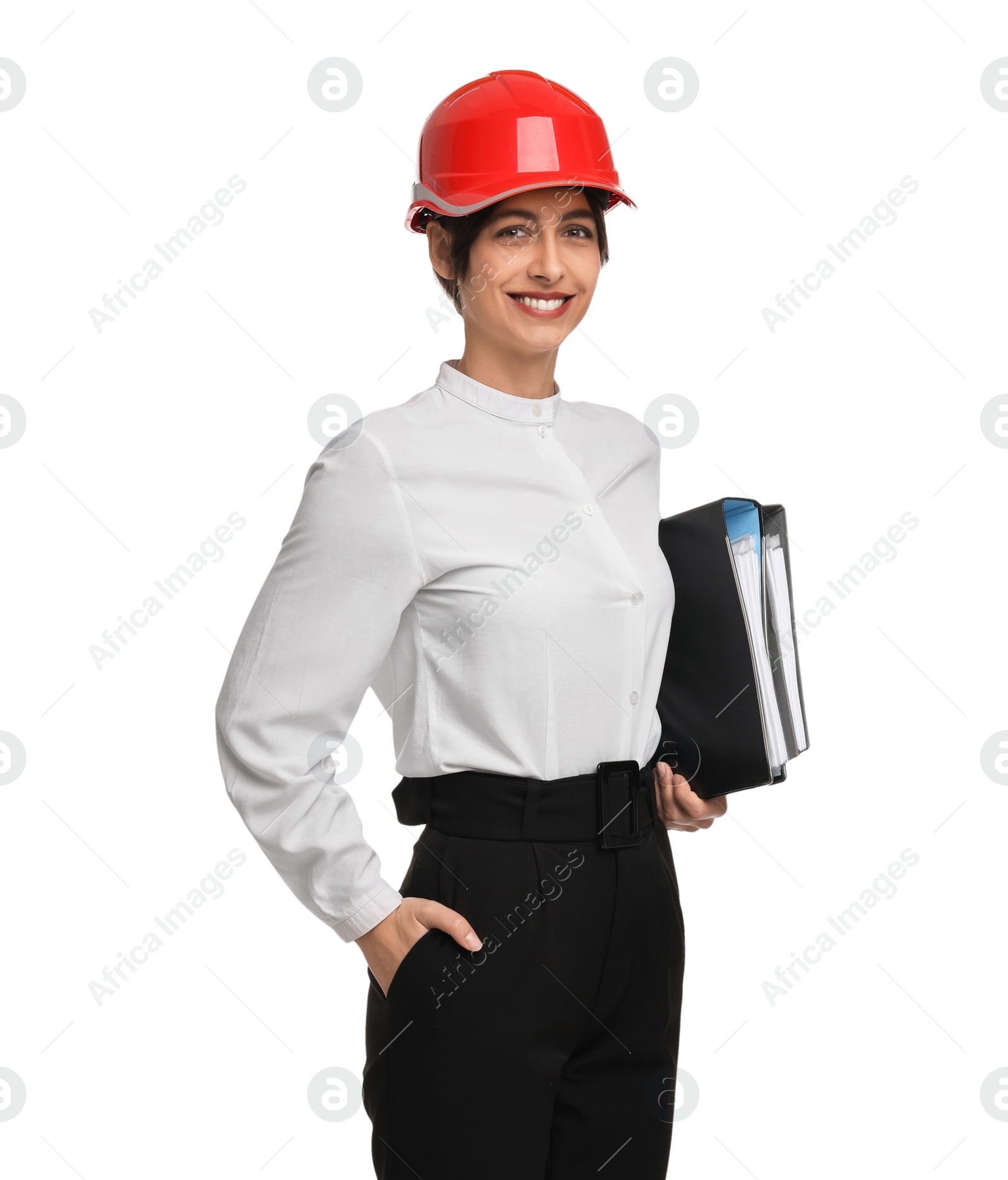 Photo of Architect with hard hat and folders on white background