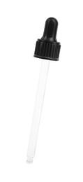 Photo of One pipette with drop of tincture isolated on white