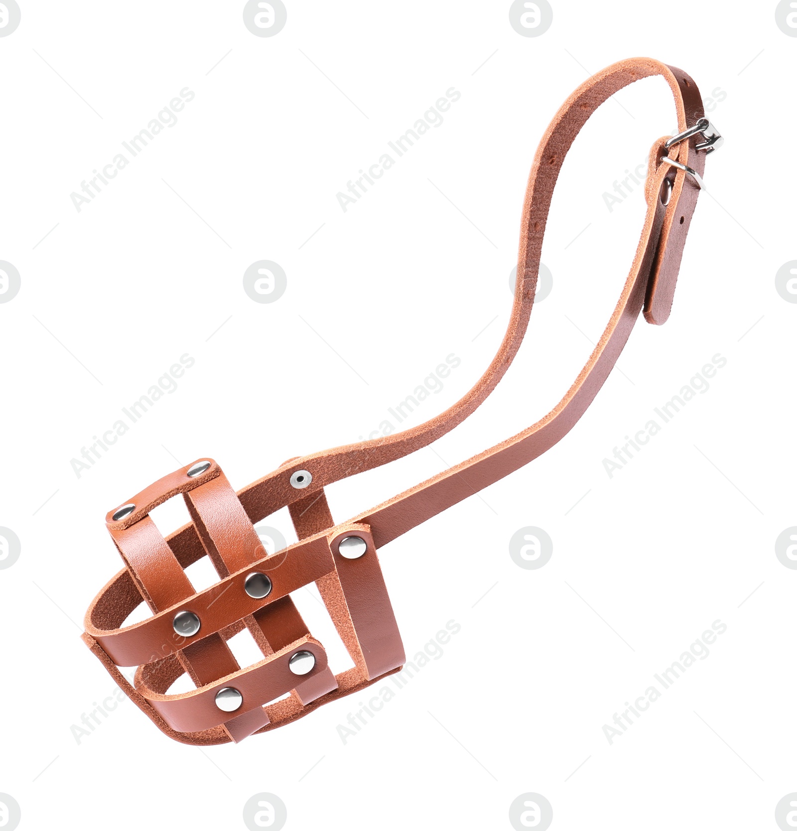 Photo of Brown leather dog muzzle isolated on white