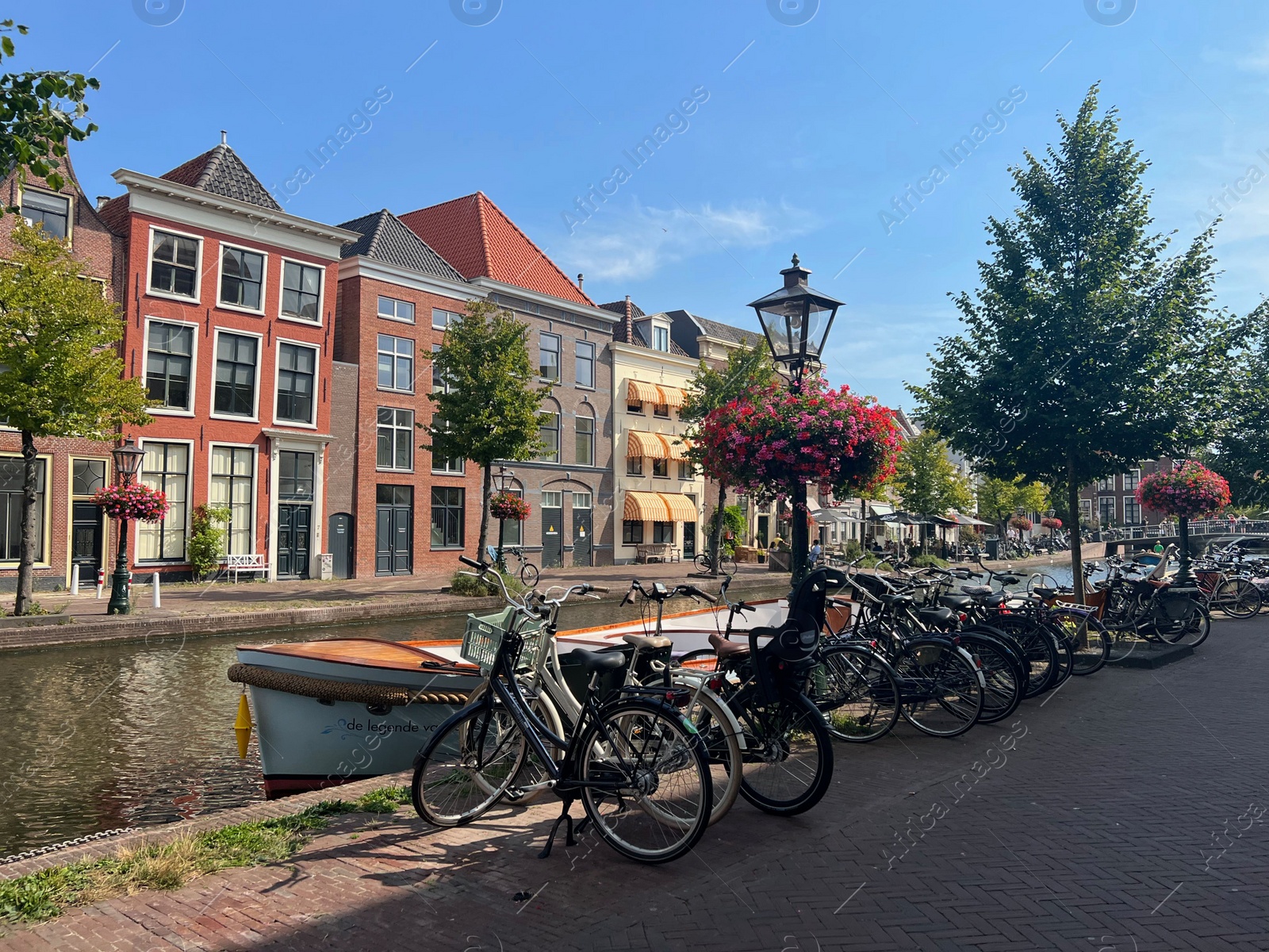 Photo of Beautiful view of parking with bicycles and plants near canal on city street