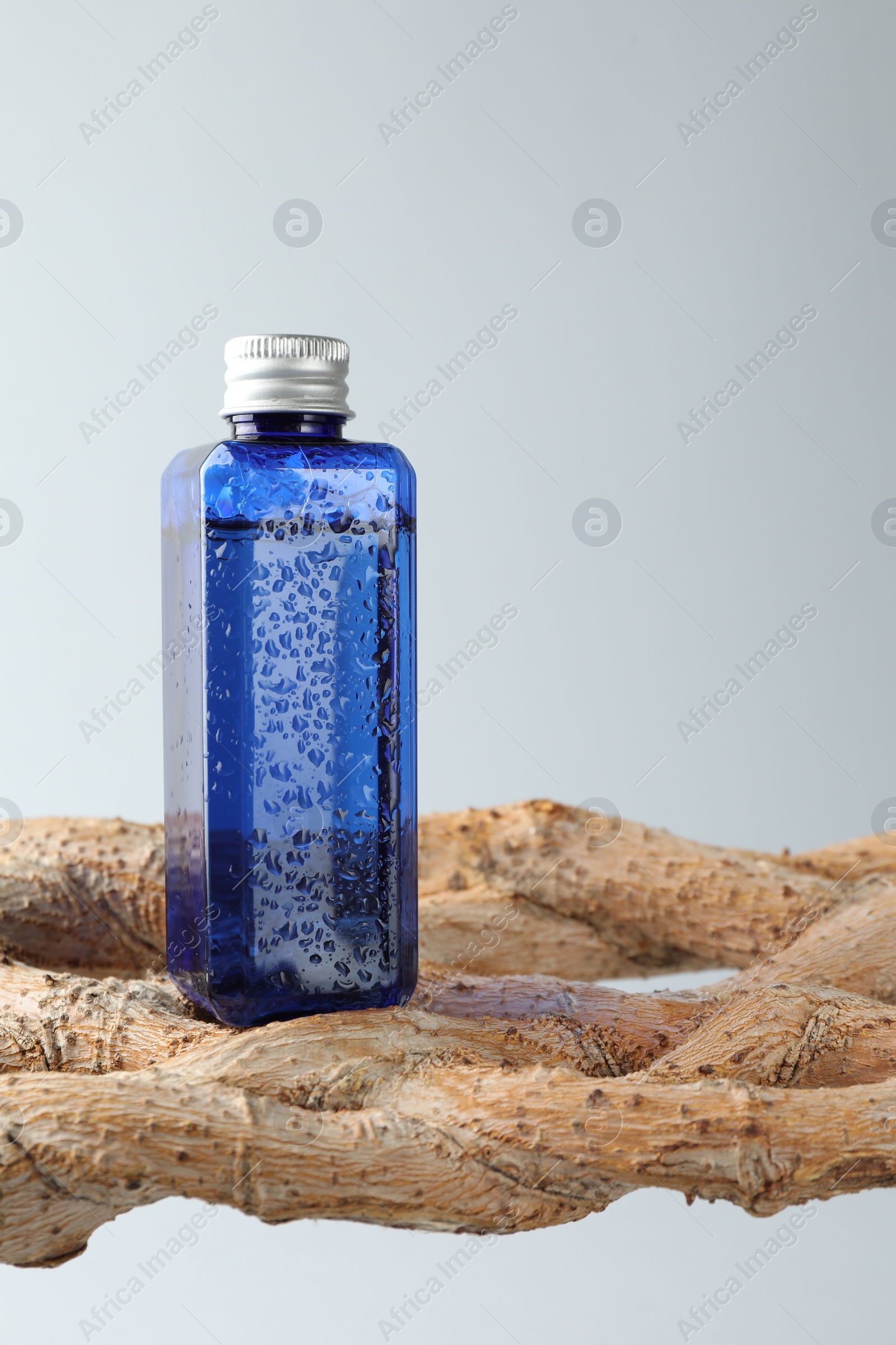 Photo of Bottle of cosmetic product on wooden branch against light grey background, space for text