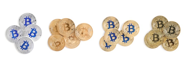 Collage with different bitcoins on white background, top view