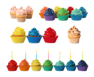 Image of Set of delicious birthday cupcakes on white background