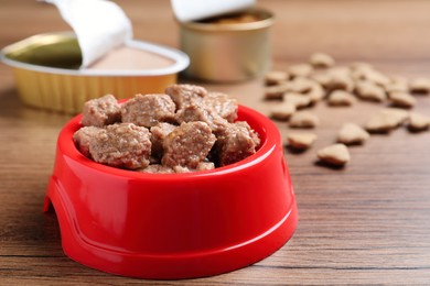 Photo of Wet pet food in feeding bowl on wooden table, closeup. Space for text