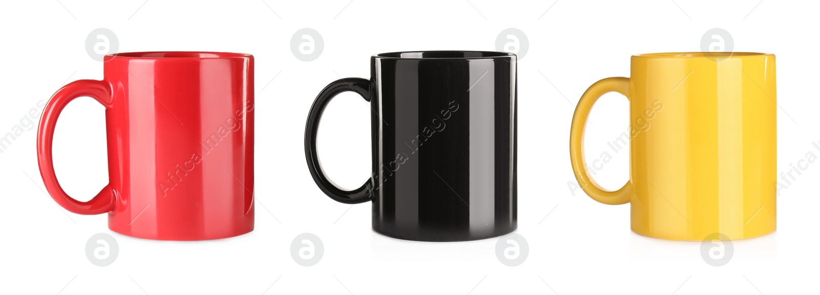 Image of Set with different ceramic mugs on white background. Banner design