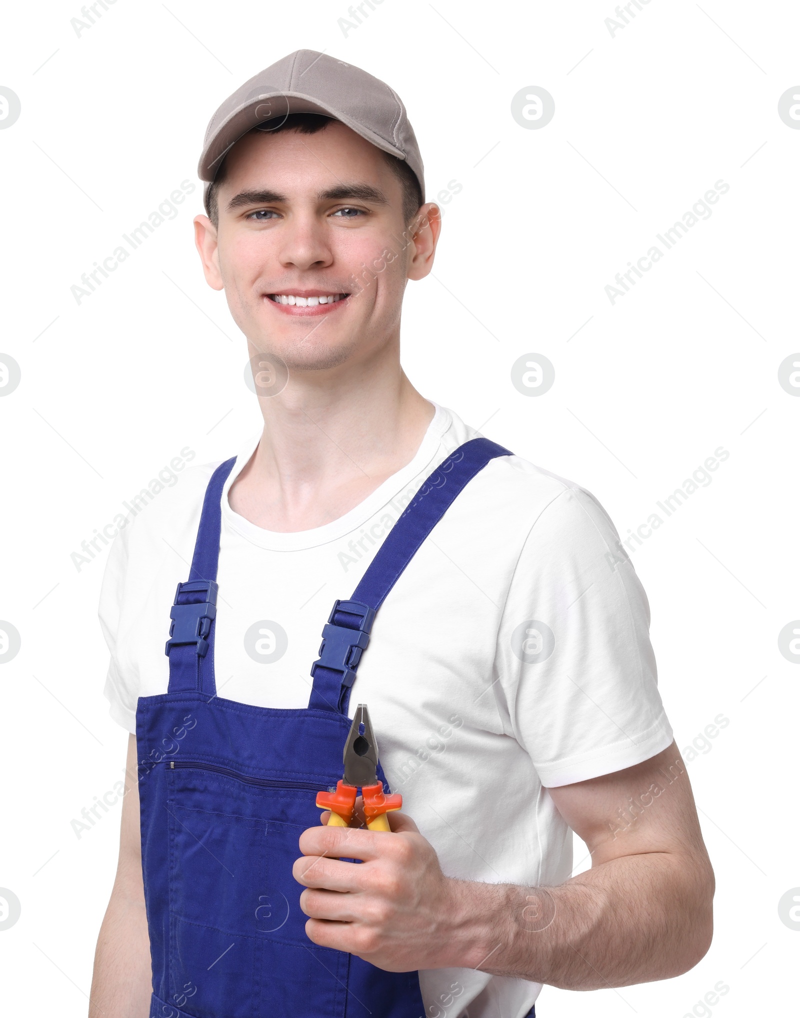 Photo of Young man holding pliers on white background