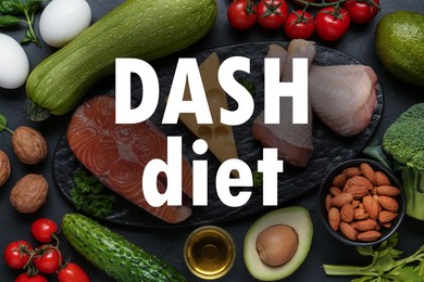 Dietary approaches to stop hypertension (Dash diet). Many different healthy food on black table, flat lay