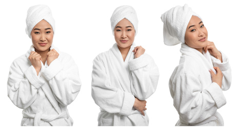 Image of Beautiful woman with towel on white background, collage