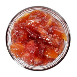 Glass jar of delicious apple jam isolated on white, top view