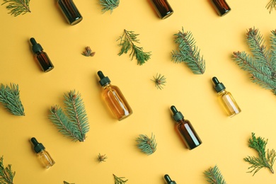 Little bottles with essential oils among pine branches on color background, flat lay