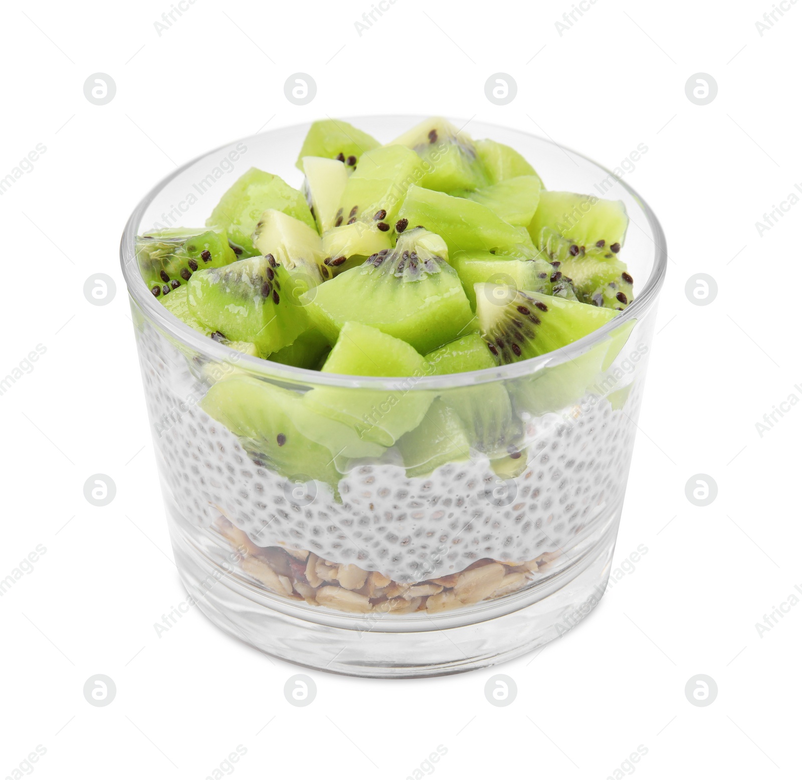 Photo of Delicious dessert with kiwi and chia seeds isolated on white