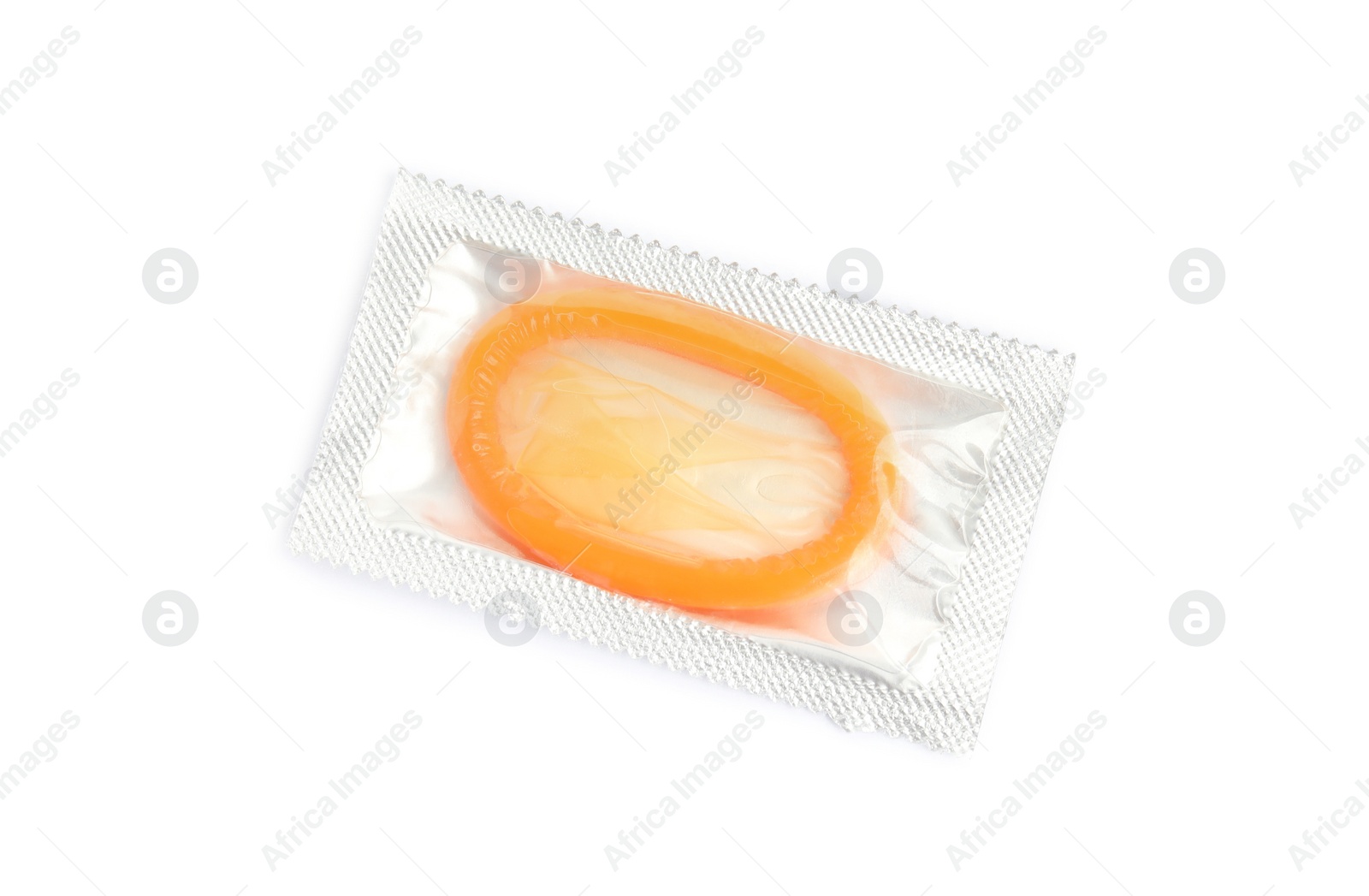 Photo of Condom package isolated on white, top view. Safe sex