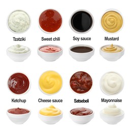 Image of Set of different sauces in bowls and names isolated on white, top and side views