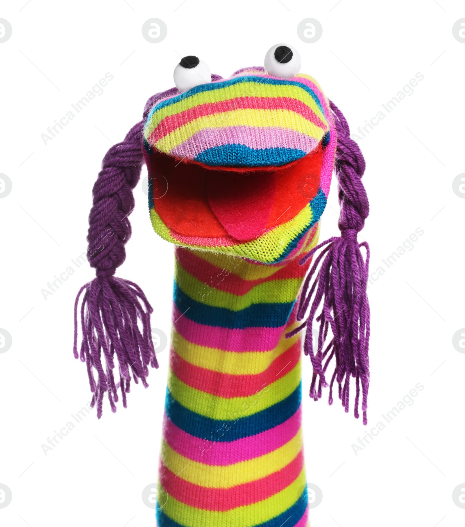 Photo of Funny sock puppet with braids isolated on white