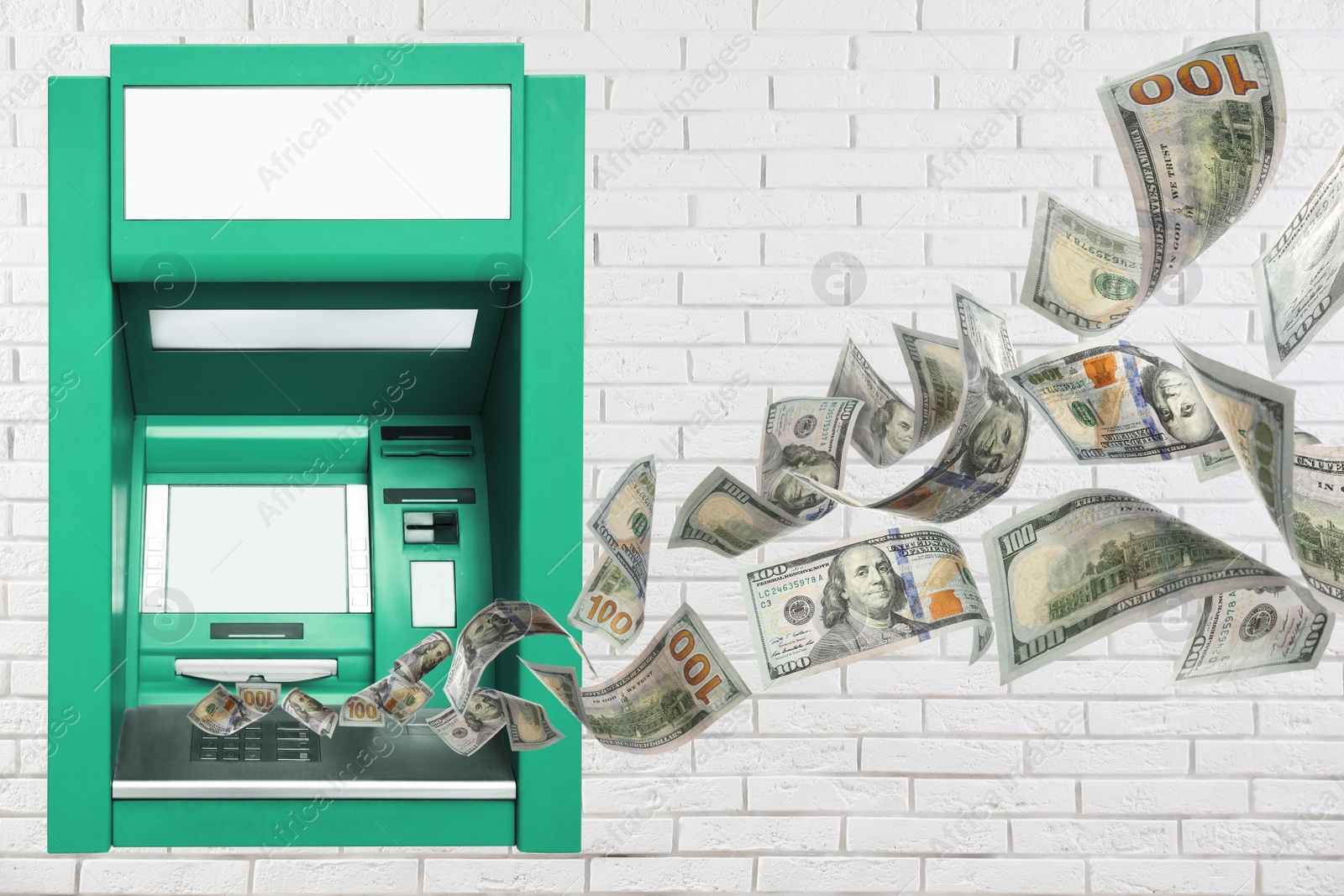 Image of Modern automated cash machine on white brick wall and flying money