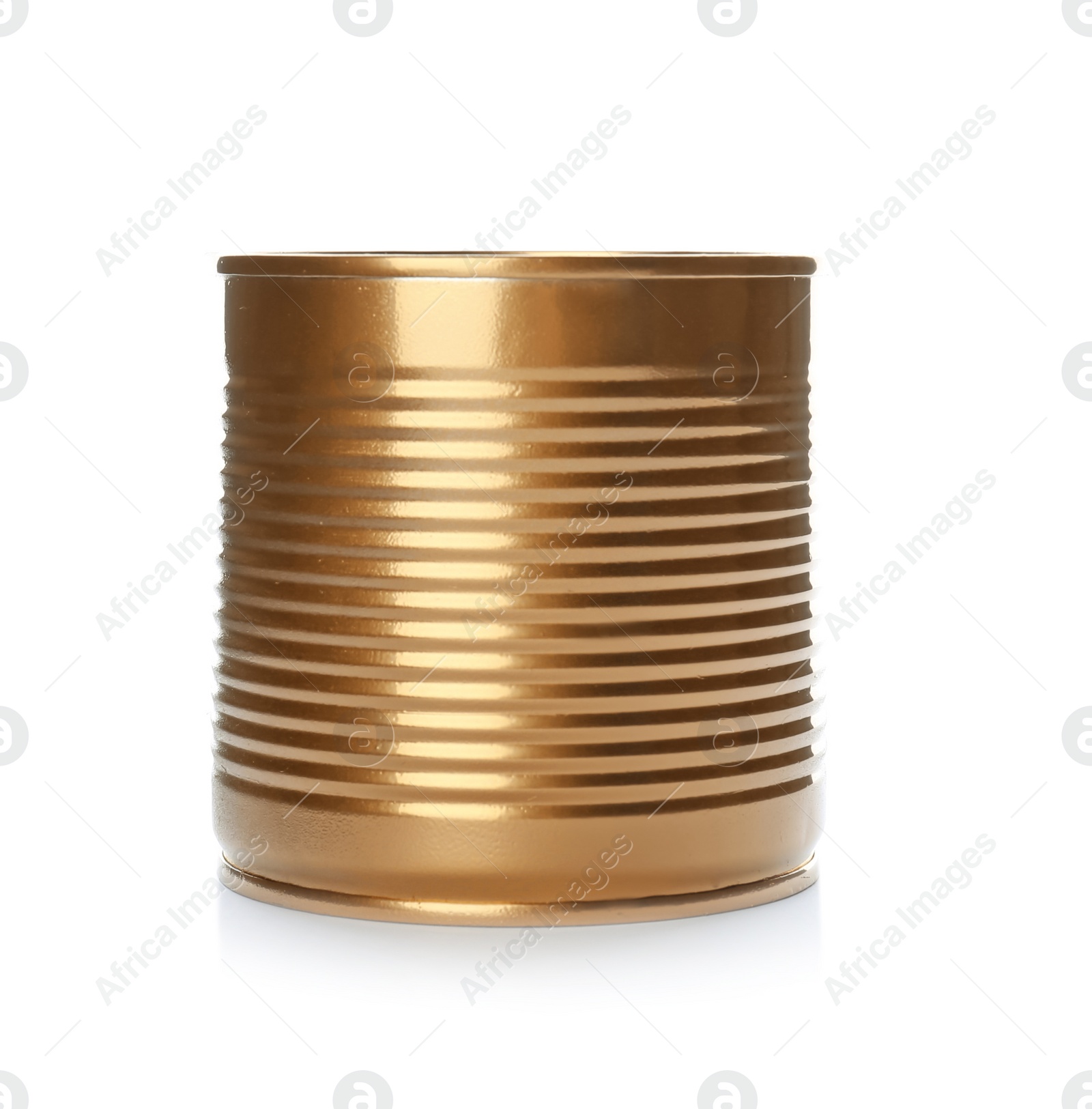 Photo of Mockup of tin can with food on white background