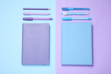 Flat lay composition with stationery on color background