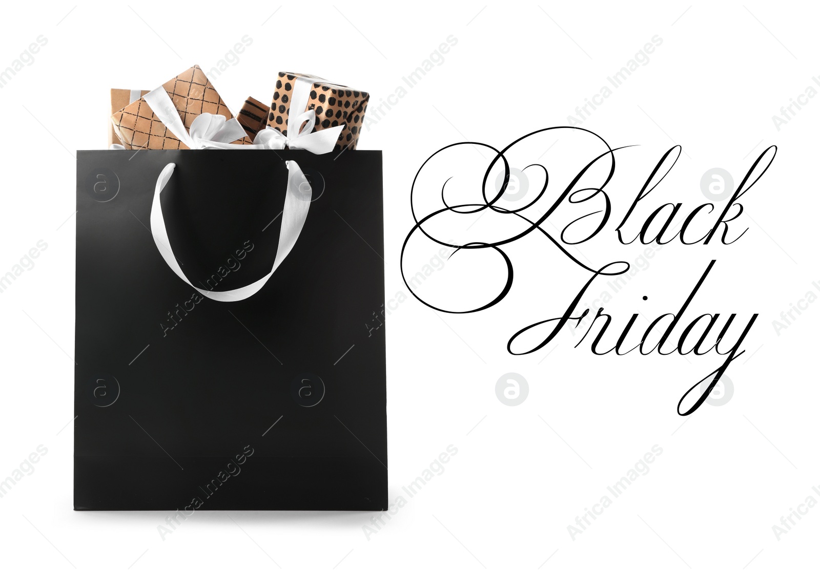 Image of Shopping bag with gift boxes and text BLACK FRIDAY on white background