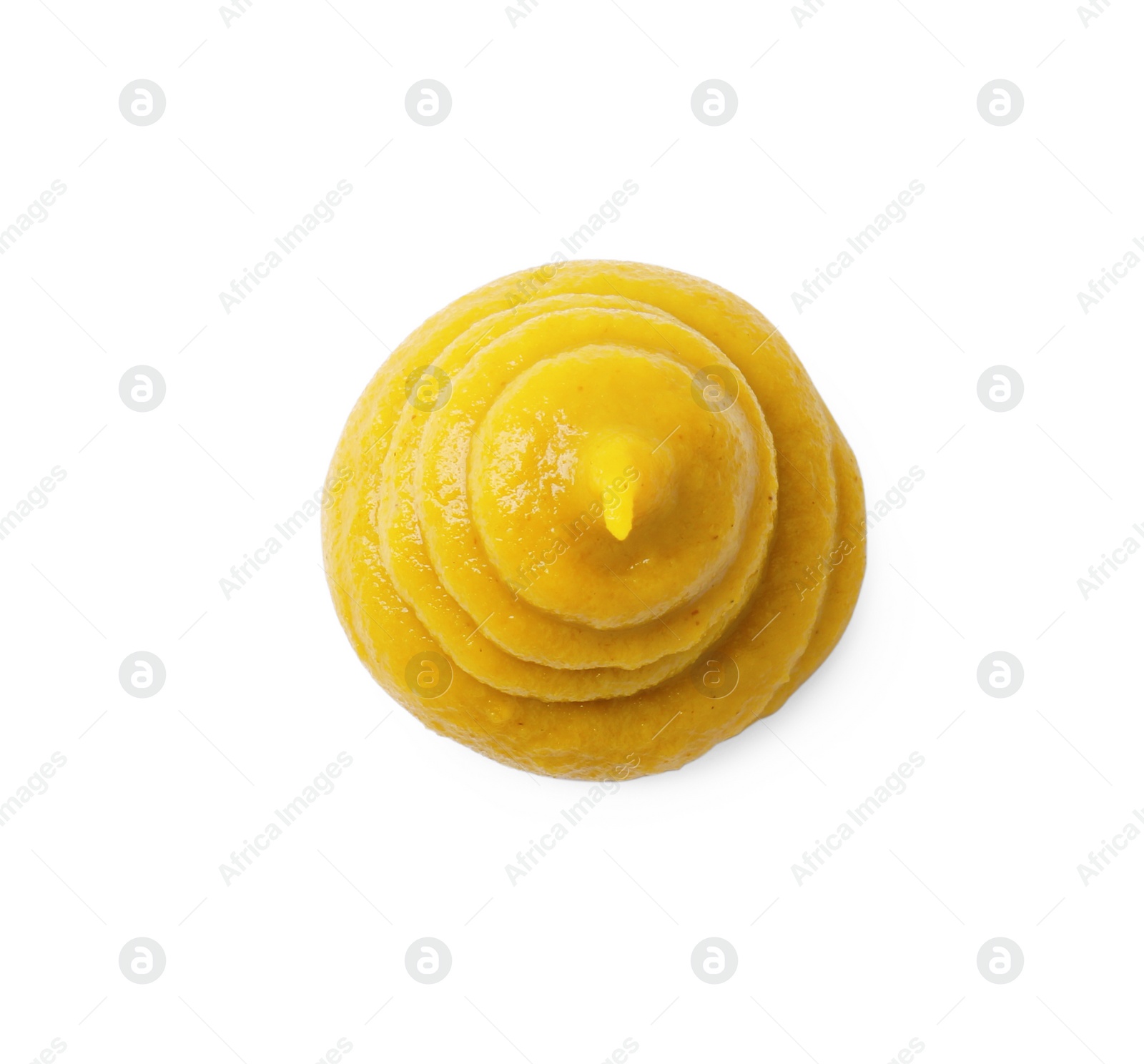 Photo of Fresh tasty mustard sauce isolated on white, top view