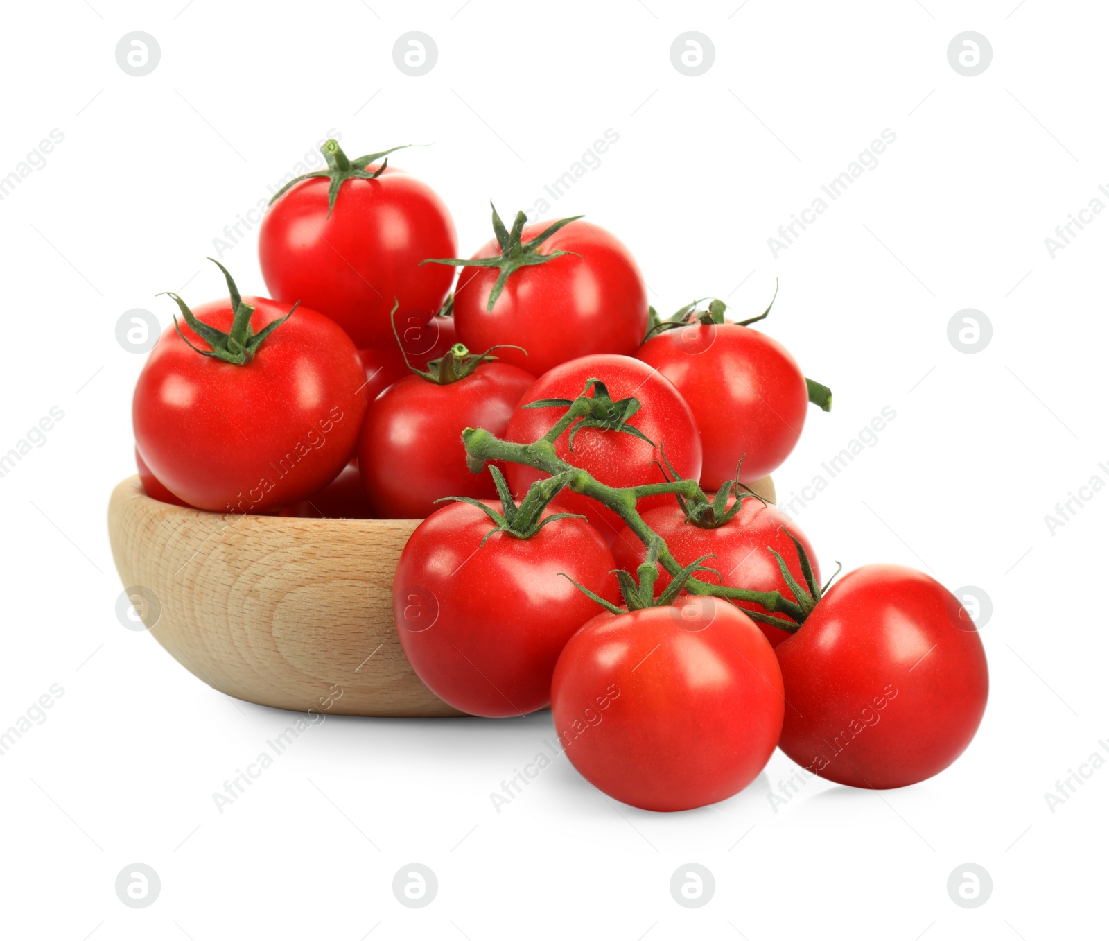 Photo of Bowl with fresh ripe cherry tomatoes isolated on white