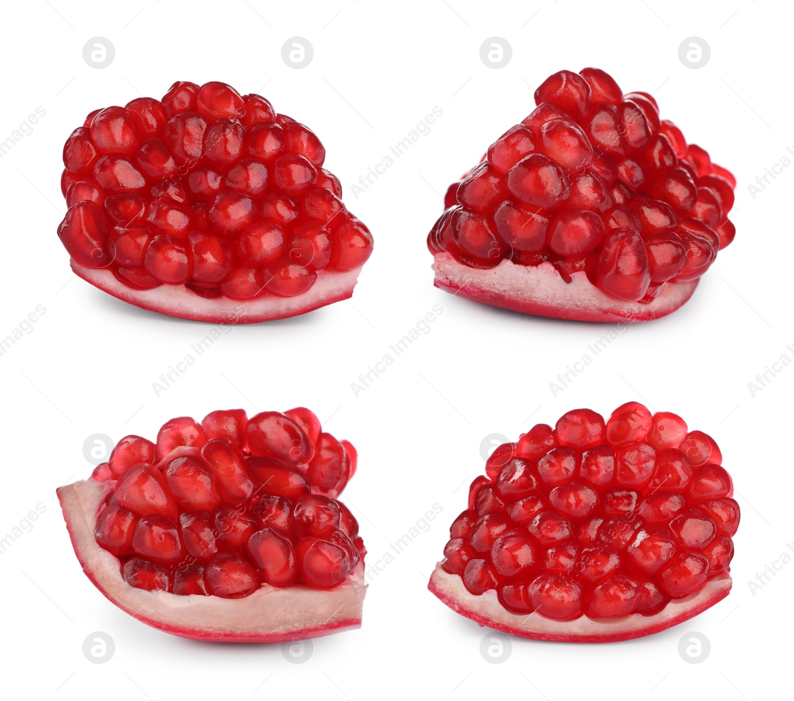 Image of Set with pieces of tasty ripe pomegranates on white background 