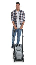 Photo of Man with modern lawn mower on white background