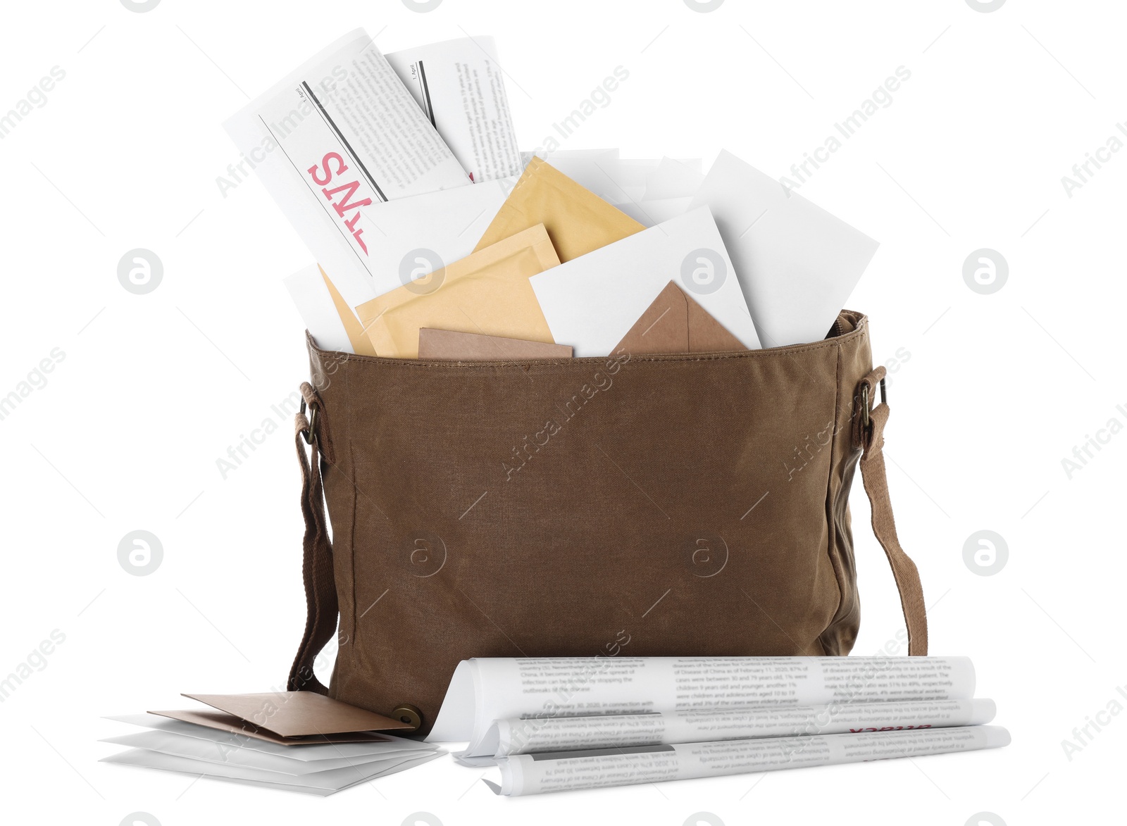 Photo of Brown postman bag with mails and newspapers on white background