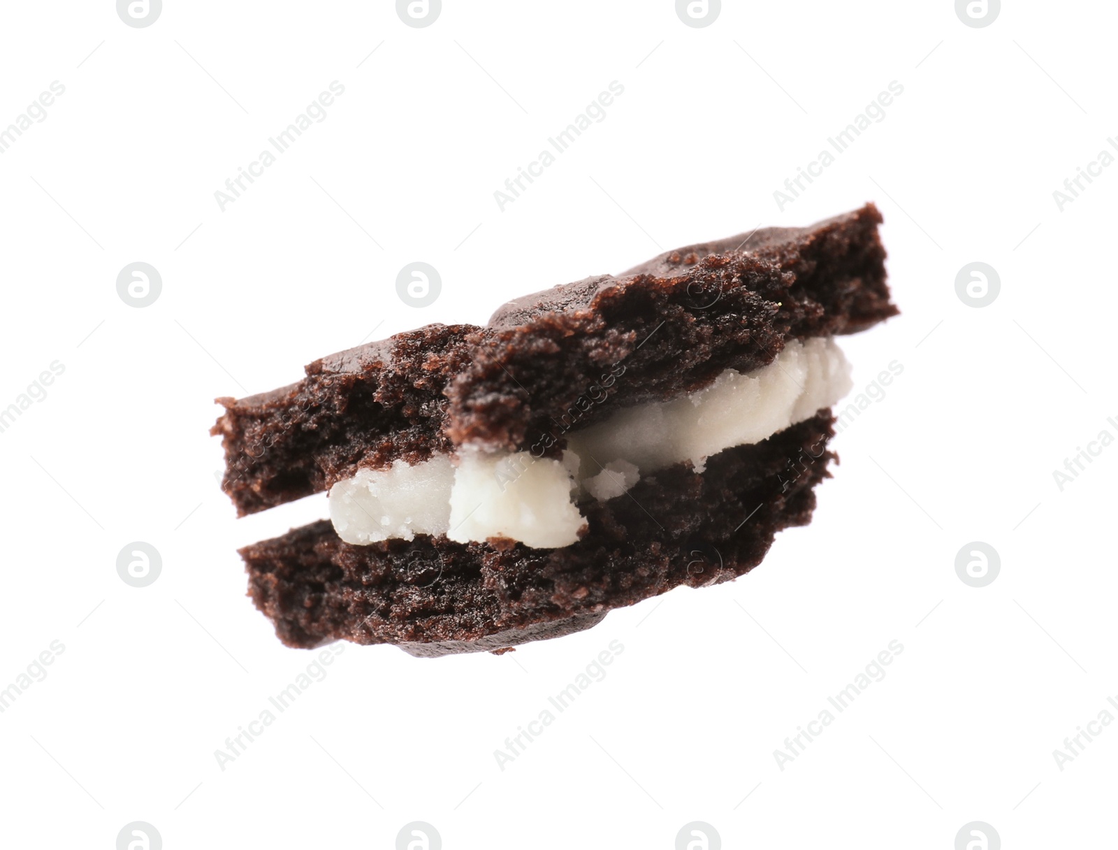 Photo of Piece of tasty sandwich cookie isolated on white