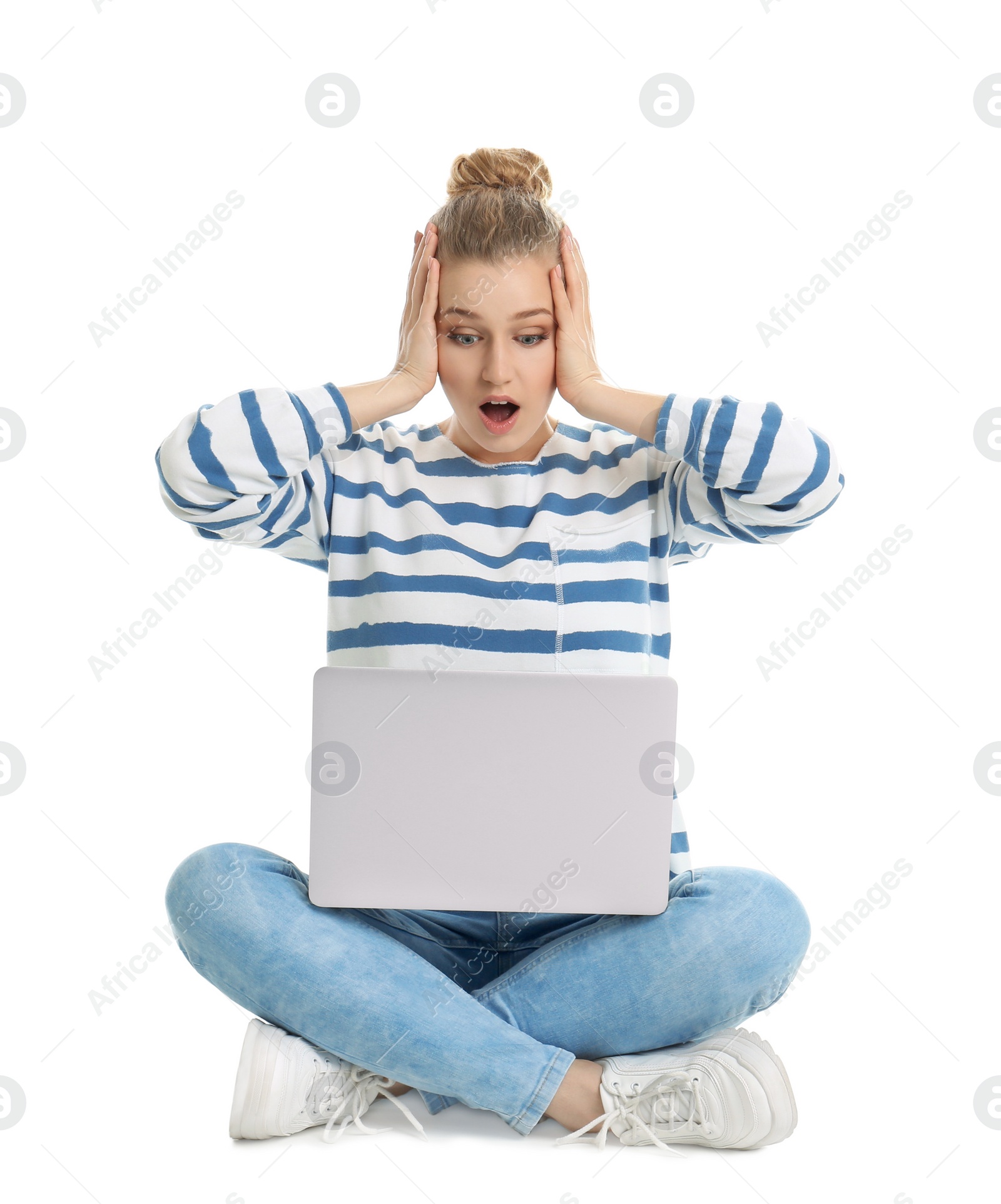 Photo of Emotional young woman with laptop isolated on white