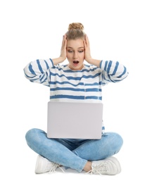 Emotional young woman with laptop isolated on white