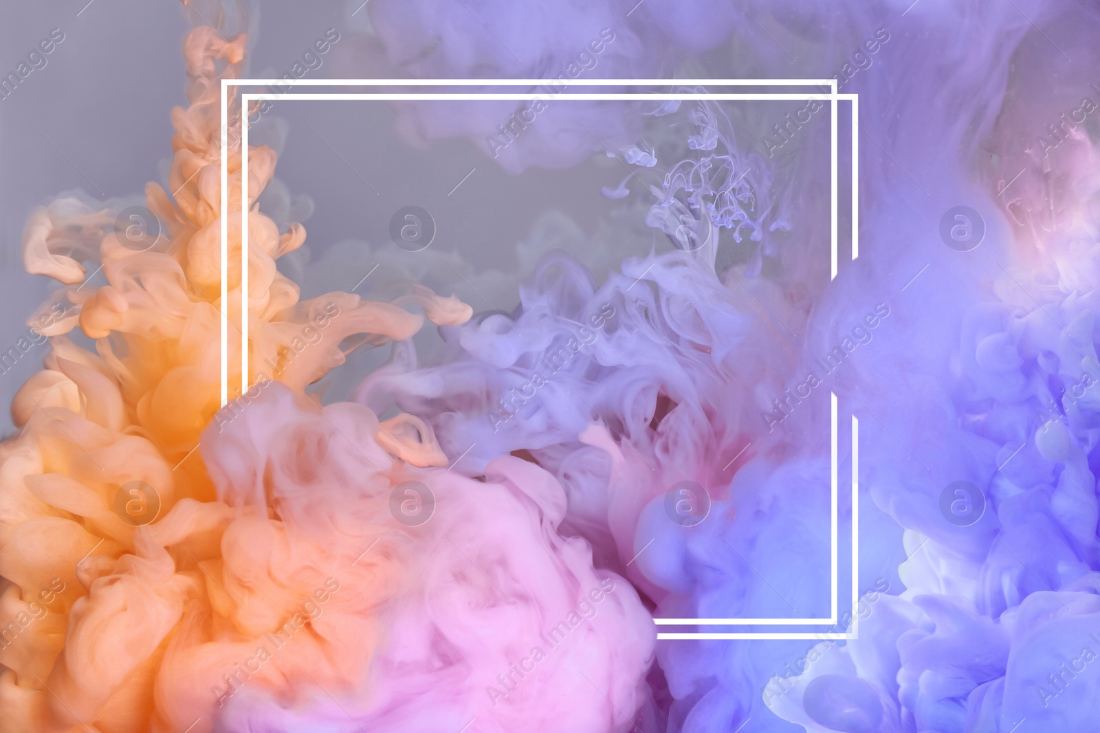 Image of Splashes of colorful ink and frame on grey background