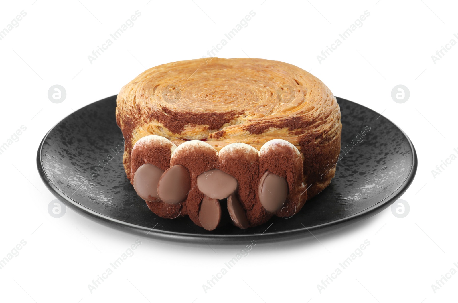 Photo of Round croissant with chocolate chips and cream isolated on white. Tasty puff pastry