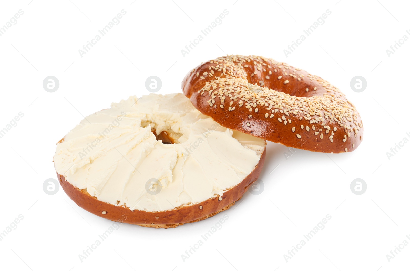 Photo of Delicious fresh bagel with cream cheese on white background