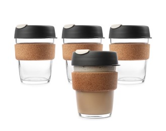 Empty reusable glass cups and one with aromatic coffee on white background