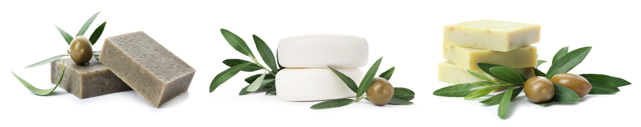 Image of Set of soap bars and leaves with olives on white background. Banner design