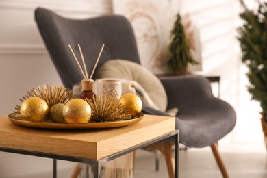 Elegant Christmas decor on table indoors. Interior design