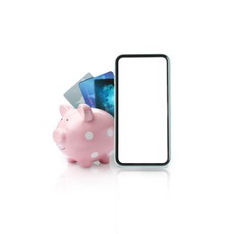 Piggy bank with credit cards and smartphone on white background. Online banking