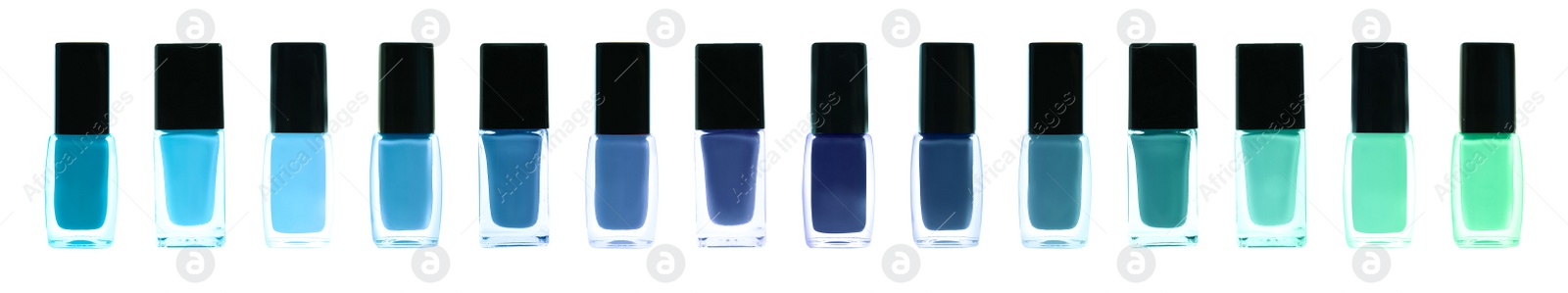 Image of Set of different nail polishes on white background. Banner design