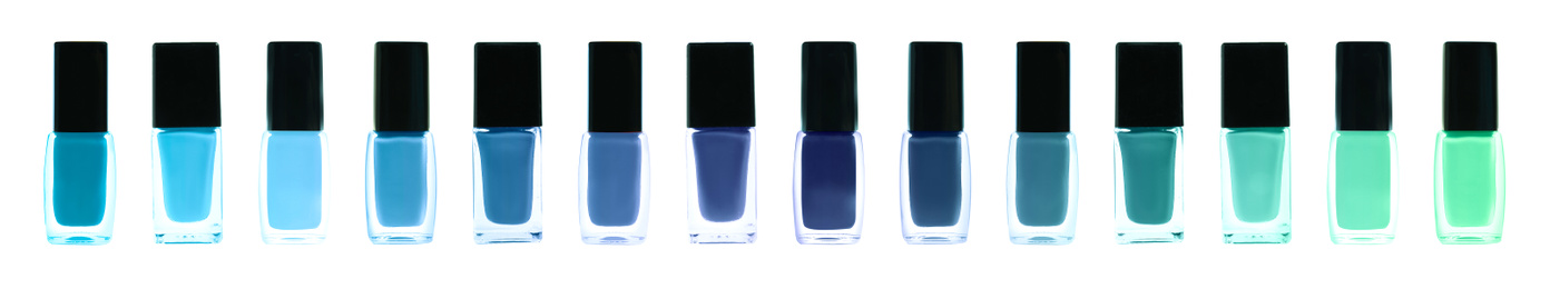 Image of Set of different nail polishes on white background. Banner design