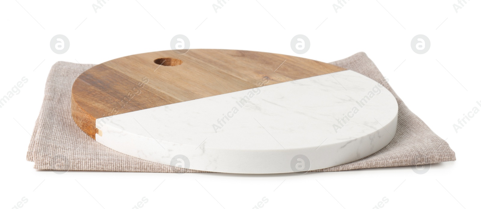 Photo of Cutting board and kitchen towel on white background